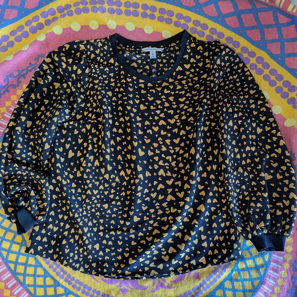 POPSUGAR Black Blouse with Gold Heart Pattern Womens Medium NWT
